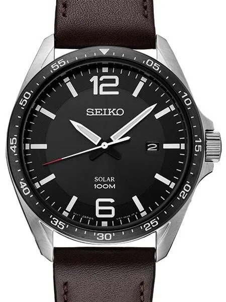 Seiko Solar Watch with 43mm Stainless Steel Case and Leather Strap #SNE487