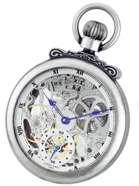 Charles-Hubert Mechanical Silver Tone Pocket Watch with Antiqued Case #3869S