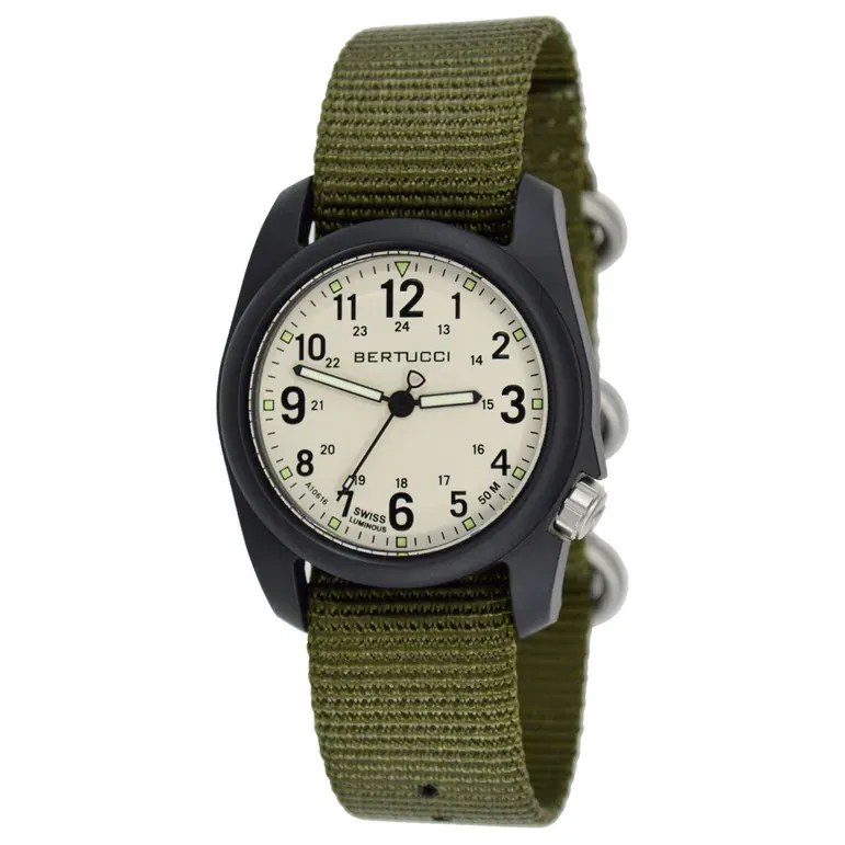 Bertucci DX3 Field Resin Watch, Olive Green Nylon Strap, White Dial - 11049