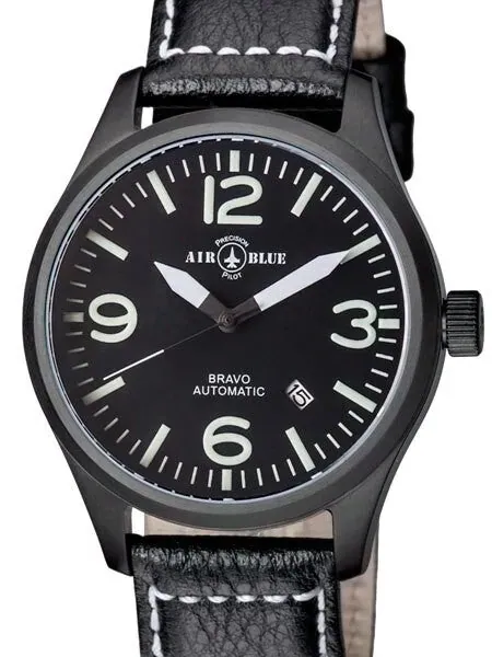 Air Blue Bravo Automatic Pilot Watch with 44mm PVD Case, Sapphire Crystal #BRAVOAUTOPVDBLKWHT