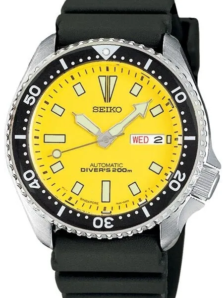Seiko Yellow Automatic Dive Watch with Offset Crown and Rubber Dive Strap #SKXA35