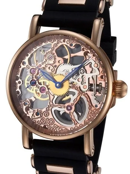 Rougois Rosarita Hand Wind Decorated Skeleton Movement Watch with Rose Goldtone Case #RS10005-BSB