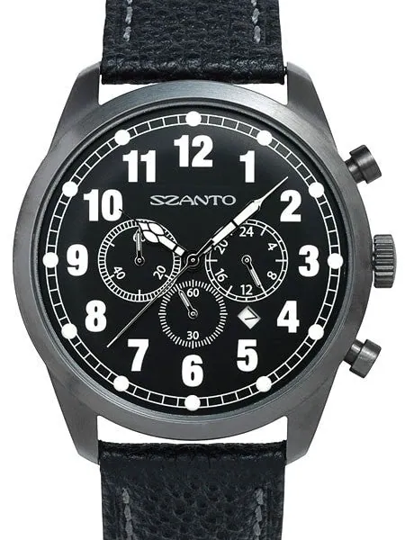 Szanto 46mm Black Ion Plated Vintage Inspired Chronograph Watch, 24-Hr Sub-Dial #2001