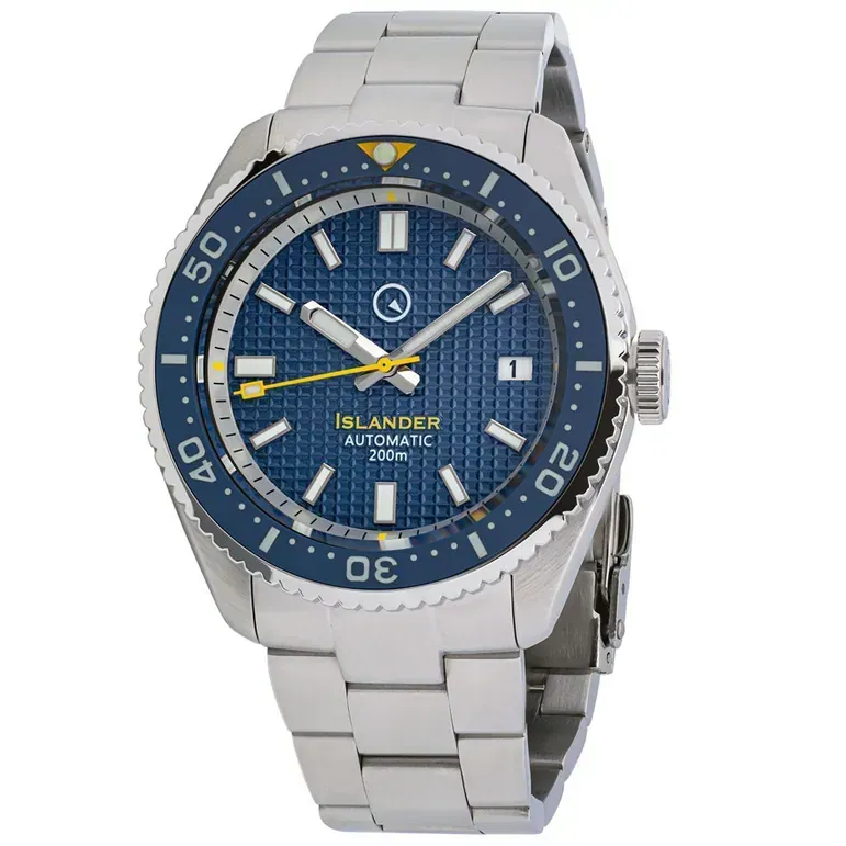 Islander Blue Waffle Dial Automatic Dive Watch with Flat AR Sapphire Crystal, Luminous Ceramic Bezel Insert #ISL-89