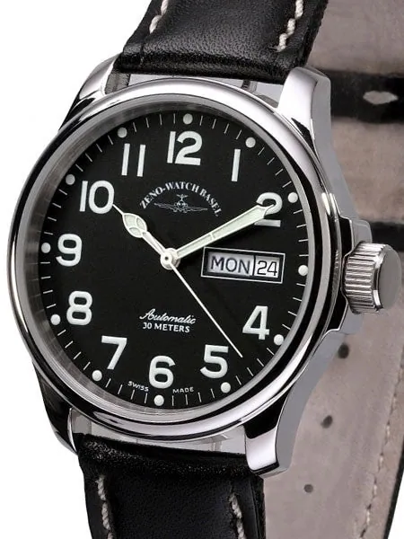 Zeno Mens Day-Date Pilot Watch with Black Dial and Swiss Automatic Movement #12836DD-a1