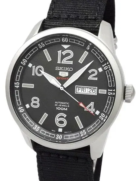 Seiko Sports 5 Black Dial 24-Jewel Automatic Watch with 44mm Case, Canvas Strap #SRP625K1