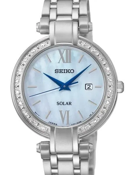 Seiko Tressia Women's Solar Dress Watch with Diamond Bezel, Mother of Pearl Dial #SUT181