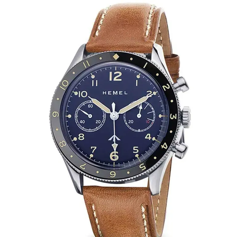 HEMEL Blue Mechanical Chronograph Watch with Dual-Time Bezel and DD Sapphire Crystal #HF15NA