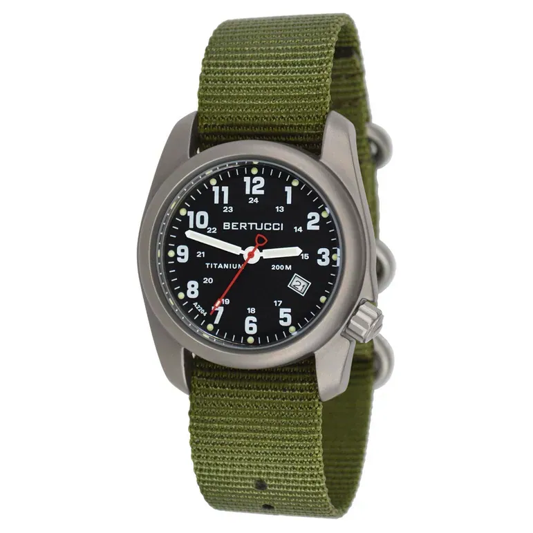 Bertucci A-2T Black Dial Titanium Watch with Olive Nylon Strap #12122