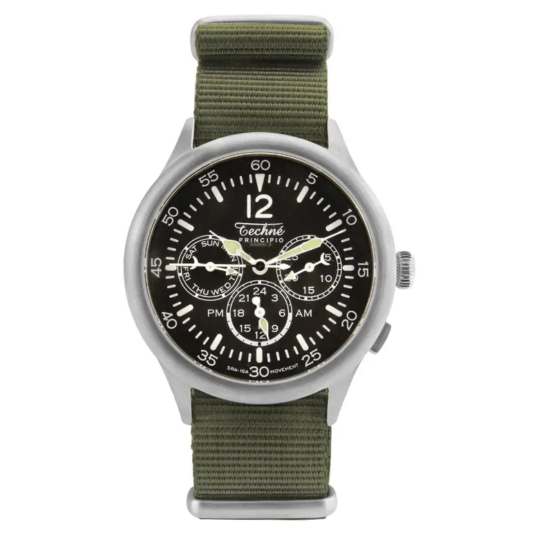 Techne 39.5mm Merlin Quartz TwinTime Watch with Olive Green Strap #296.022