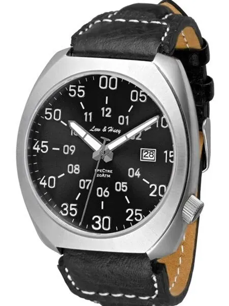 Lew and Huey Classic Flieger-Style, Automatic Pilot Watch with High Quality Leather Strap #Spectre-3Q-Black