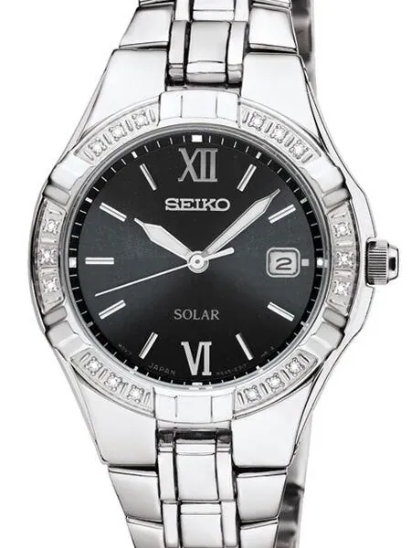 Seiko Women's Solar Dress Watch with 18 Diamond's on the Bezel, Black Dial #SUT067