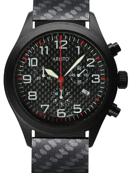 Aristo Aviator Style Quartz Chronograph Watch with Carbon Fiber Dial #0H15