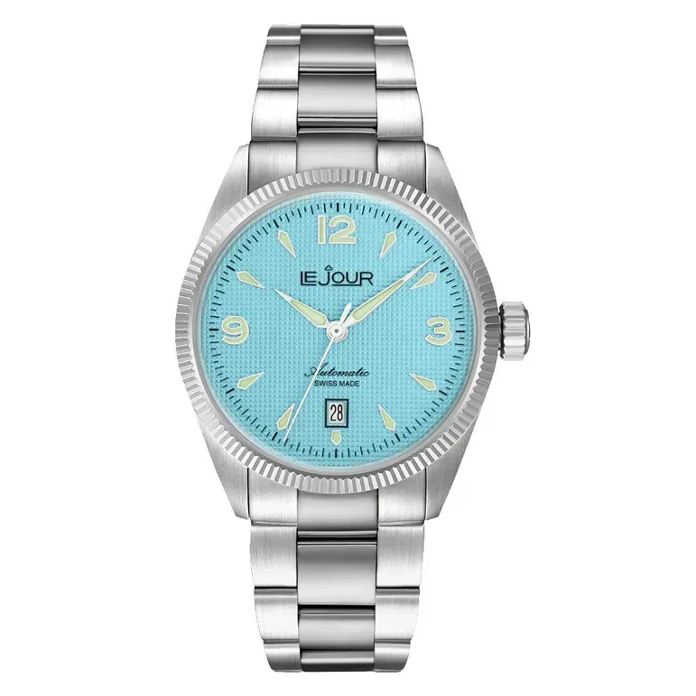 Le Jour Brooklyn Swiss Automatic Dress watch with Robin's Egg Blue Hobnail Dial #LJ-BR-005