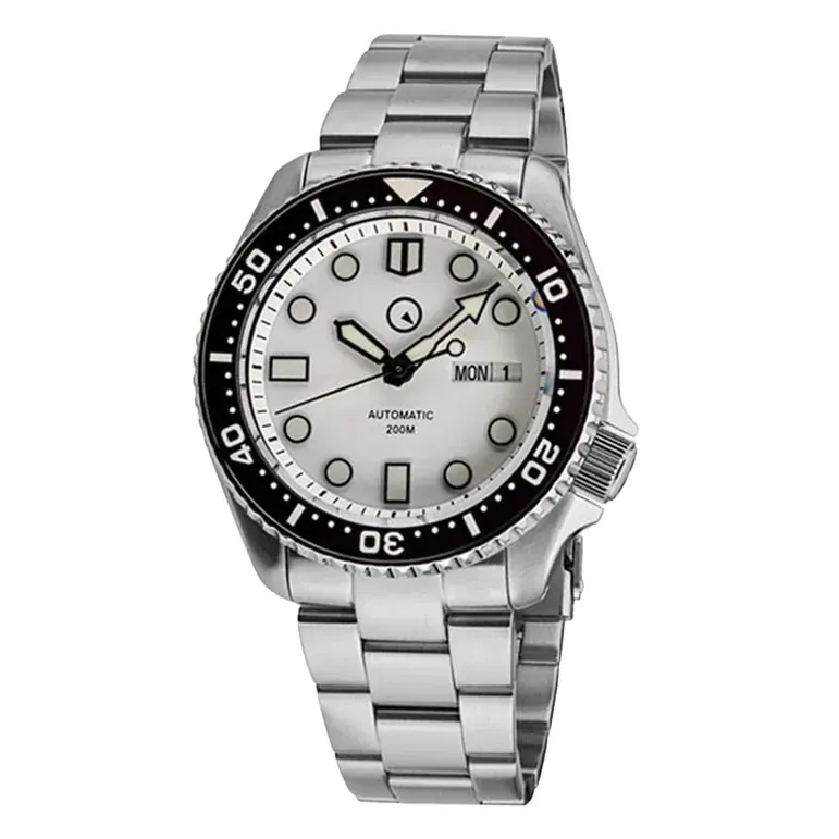 Islander White Dial Automatic Dive Watch with Solid-Link Bracelet, AR Sapphire Crystal, and Luminous Ceramic Bezel Insert #ISL-35