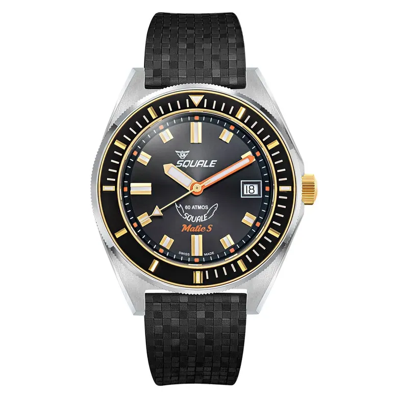 Squale Matic S Black Dial Watch with Mosaic Rubber Strap #MATICGBKBK.MRBK