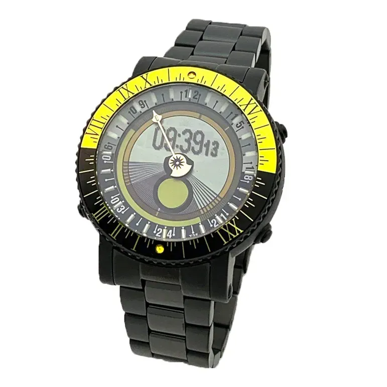 YES V7 Black Titanium World Time Watch with Yellow Accents and Titanium Bracelet #7B-OO-S3