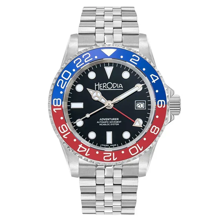 Herodia Adventurer Swiss Automatic GMT Watch with Pepsi Bezel #HADVSBLRBK.AC