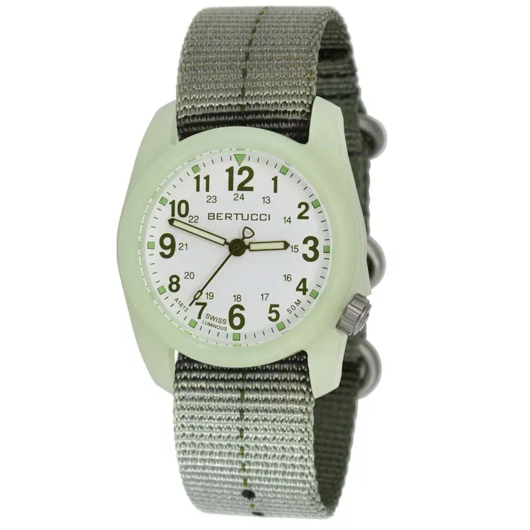 Bertucci DX3 Luminous Resin Watch, Olive Green Nylon Strap, White Dial - 11028
