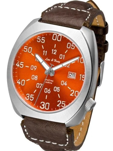 Lew and Huey Classic Flieger-Style, Automatic Pilot Watch with High Quality Leather Strap #Spectre-3Q-Orange