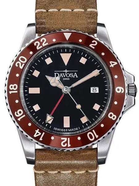 Davosa Vintage-Styled 100-Meter GMT Dual Time Watch with Black Dial #16250065