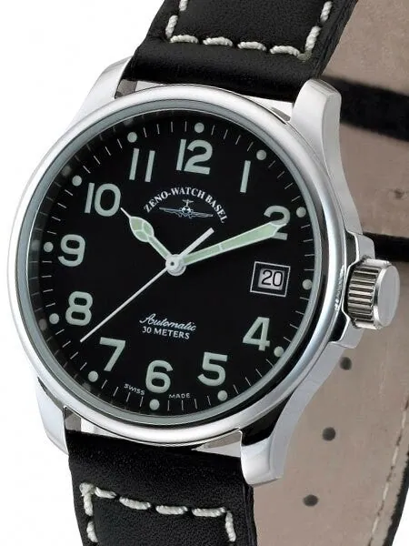 Zeno Mens Pilot Watch with Black Dial, Black Leather Strap and Swiss Automatic Movement #12836-a1