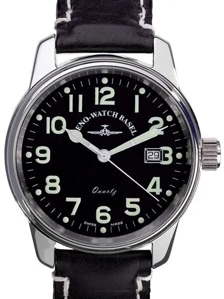 Zeno Mens Pilot Watch with Black Dial, Black Leather Strap and Swiss Quartz Movement #3315Q-a1