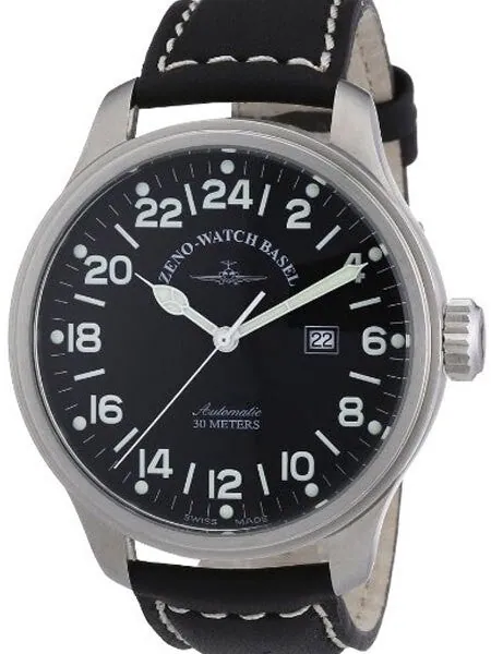 Zeno Mens XL 24-hour Pilot Watch with Black Dial, Black Leather Strap and Swiss Automatic Movement #8563-24-a1
