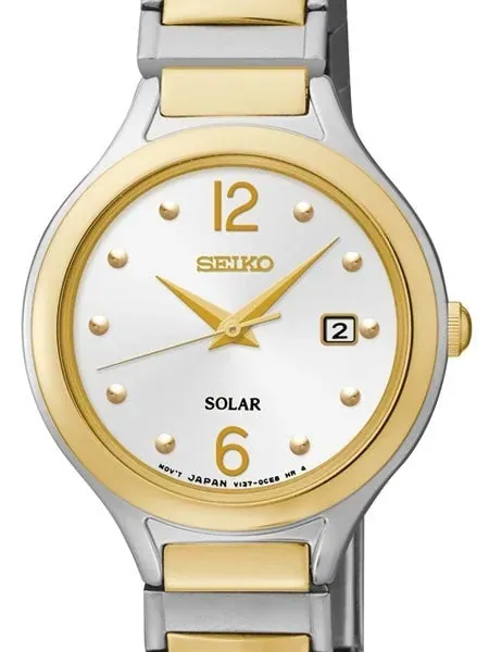 Seiko Two-Tone Women's Solar Dress Watch with White Dial, Goltone Hands and Markers #SUT178