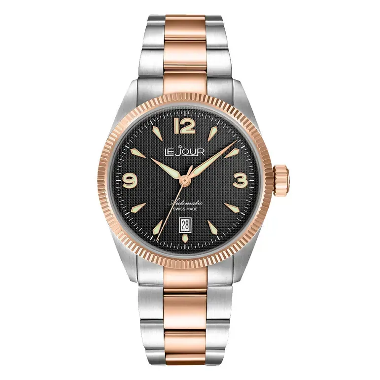 Le Jour Brooklyn Swiss Automatic Two-Tone Rose Gold Dress watch with Black Hobnail Dial #LJ-BR-006