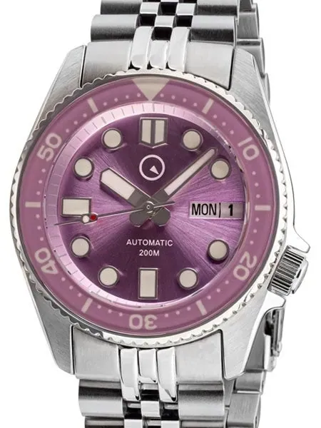 Islander 38mm Automatic Purple Dive Watch with Solid-Link Bracelet, AR Double Dome Sapphire Crystal, and Luminous Sapphire Bezel Insert #ISL-64