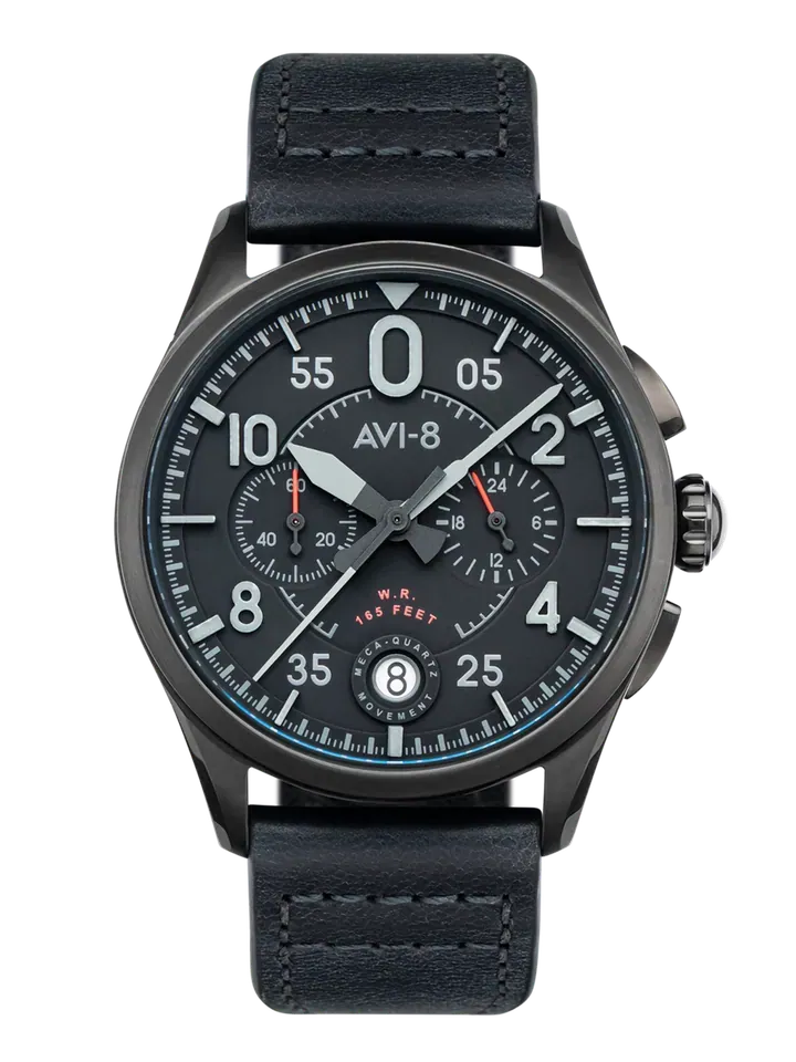 AVI-8 Spitfire Lock Chronograph, Slate Black, Japanese Meca-Quartz Chronograph, Black Dial, Leather Strap #AV-4089-03