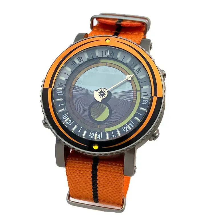 YES V7 Titanium World Time Watch with Orange Accents and Nylon Strap #7S-OO-SS