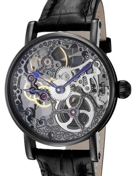 Rougois Hand Wind Decorated Skeleton Movement Watch with Black PVD Case #RS10003