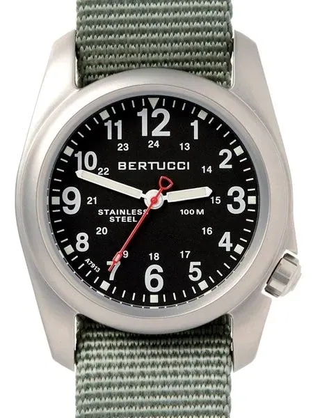 Bertucci A-2S Black Dial, 40mm Stainless Steel Watch with Defender Drab Nylon Strap #11051