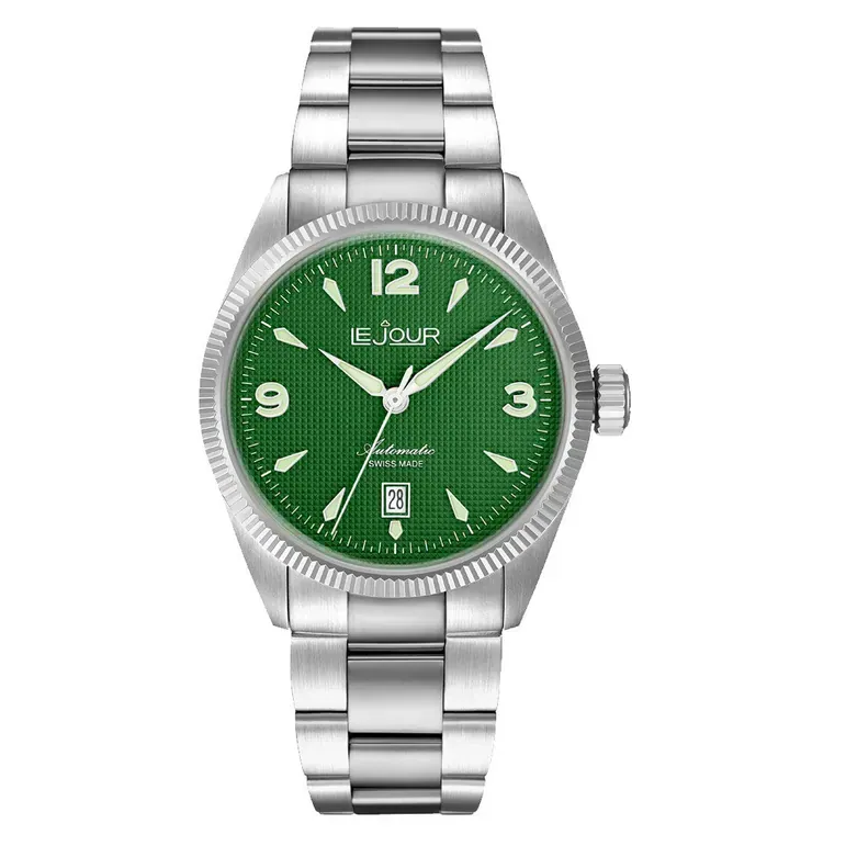 Le Jour Brooklyn Swiss Automatic Dress watch with Green Hobnail Dial #LJ-BR-003