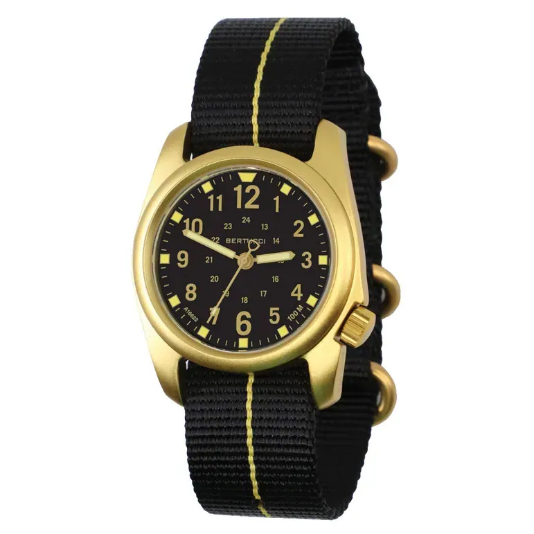 Bertucci A-2A Golden Field Watch with Black Dial and Striped Nylon Band #16303