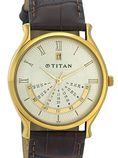 Titan Goldtone Classique Dress Watch with Precision Quartz Movement and Leather Strap #1482YL03