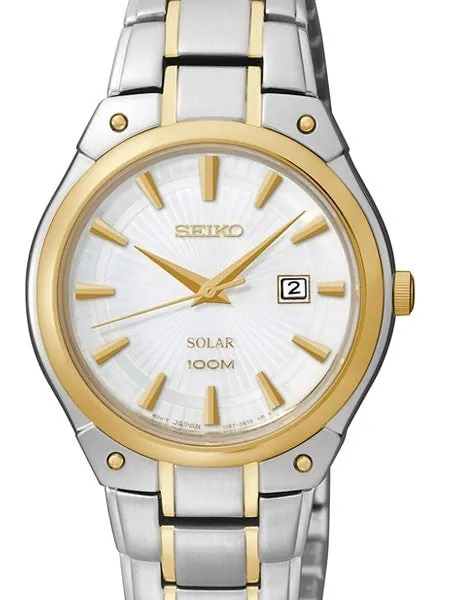 Seiko Two-Tone Women's Solar Dress Watch with White Dial, Goltone Hands and Markers #SUT128