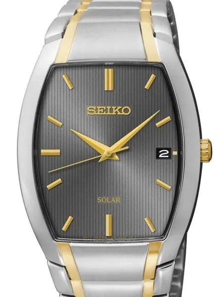 Seiko Solar Watch with Two-Tone Tonneau Stainless Steel Case and Matching Bracelet #SNE334