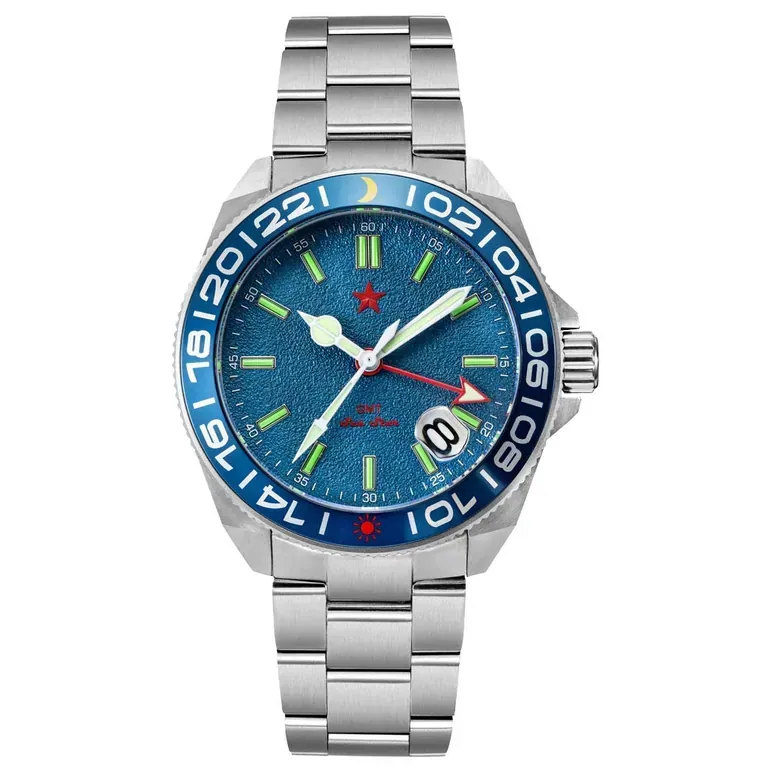 Red Star SEA STAR 4 GMT Watch with Blue Dial Passive Luminous Tubes #8759G-A