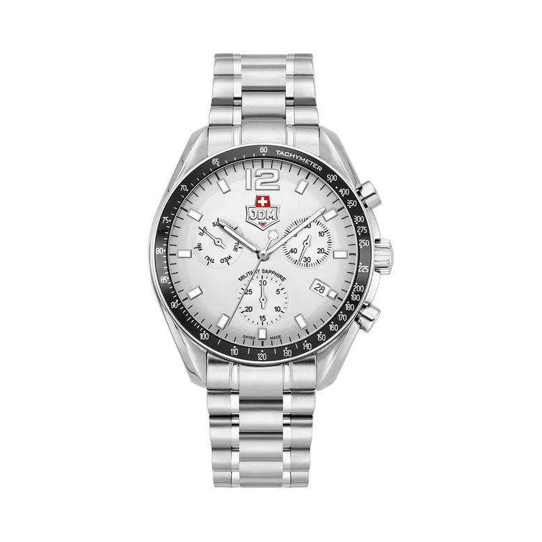 Swiss Precision 42mm Chronograph - date Quartz grey Dial silver Tone Stainless Steel Sapphire Glass Swiss Made Men Watch