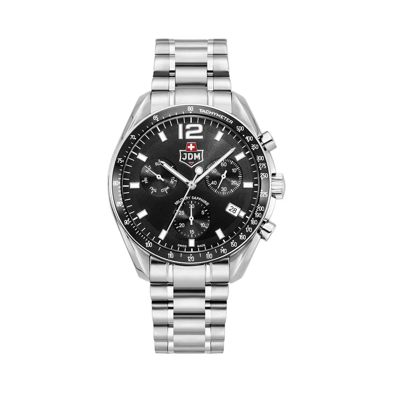 Swiss Precision 42mm Chronograph - date Quartz black Dial silver Tone Stainless Steel Sapphire Glass Swiss Made Men Watch