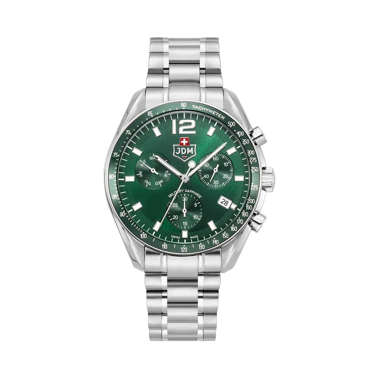Swiss Precision 42mm Chronograph - date Quartz green Dial silver Tone Stainless Steel Sapphire Glass Swiss Made Men Watch