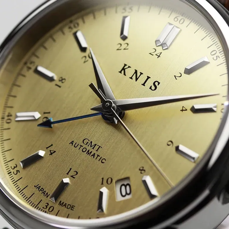 KNIS CLASSIC GMT 自動巻き 日本製 レザー シャンパンゴールド KN008-SGBRLE