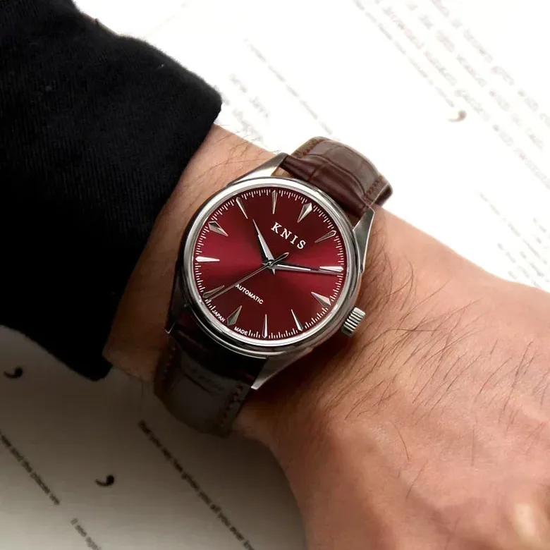 KNIS 自動巻き サンレイダイアル ワインレッド ブラウン レザー KN001-RDBRLE