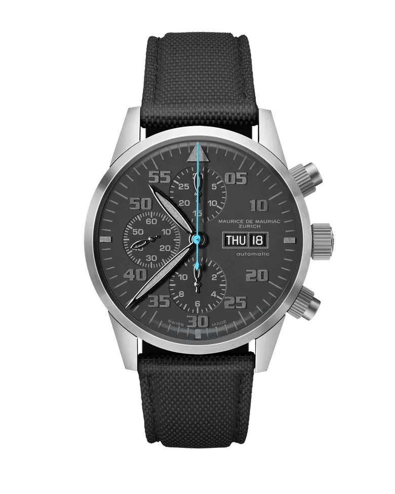 Zürcher Chrono Modern Stahl Schwarz | Blauer Zeiger
