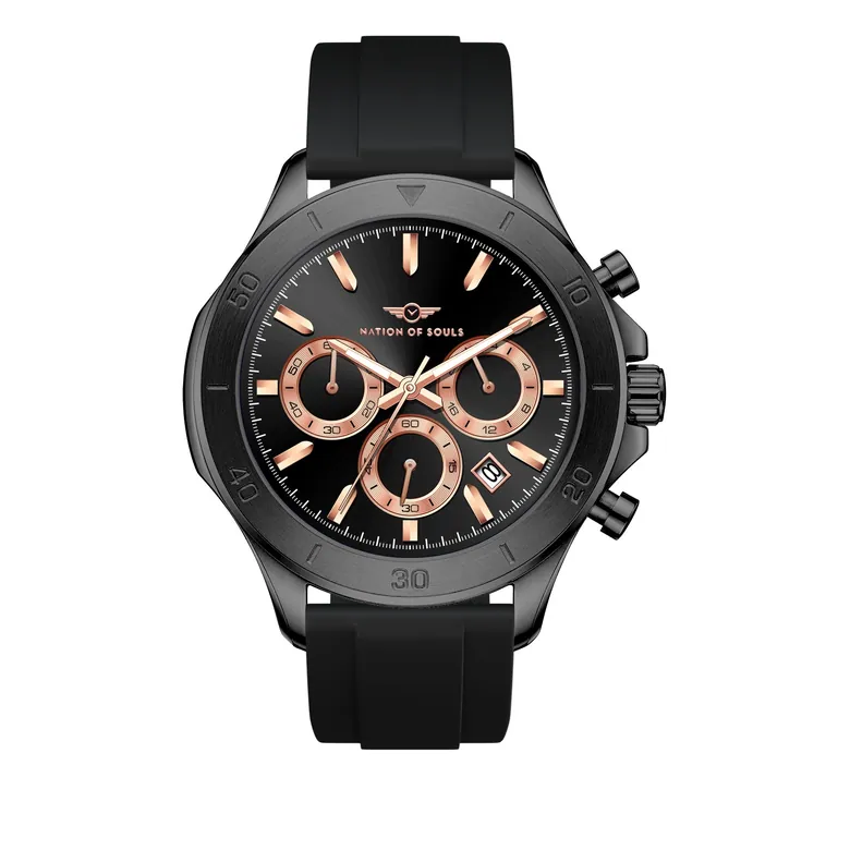 Chronograph One | Black/ Rose Gold - Black Rubber Strap