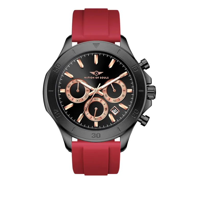 Chronograph One | Black/ Rose Gold - Red Rubber Strap