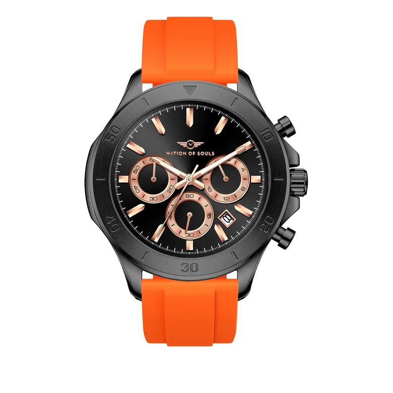Chronograph One | Black/ Rose Gold - Orange Rubber Strap